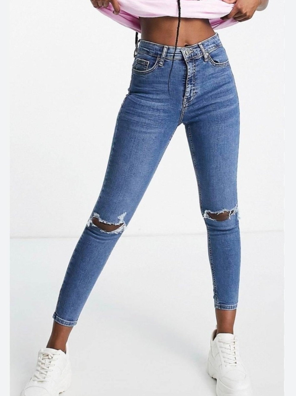 Topshop Jamie Ripped Ankle Skinny High-Rise Ripped Jeans - Blue Size W28 L30